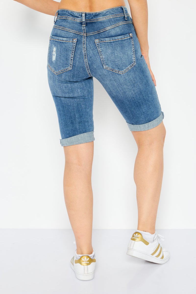 INC Denim شورتات جينز ممزقة مغسولة للنساء، أزرق - Image 3